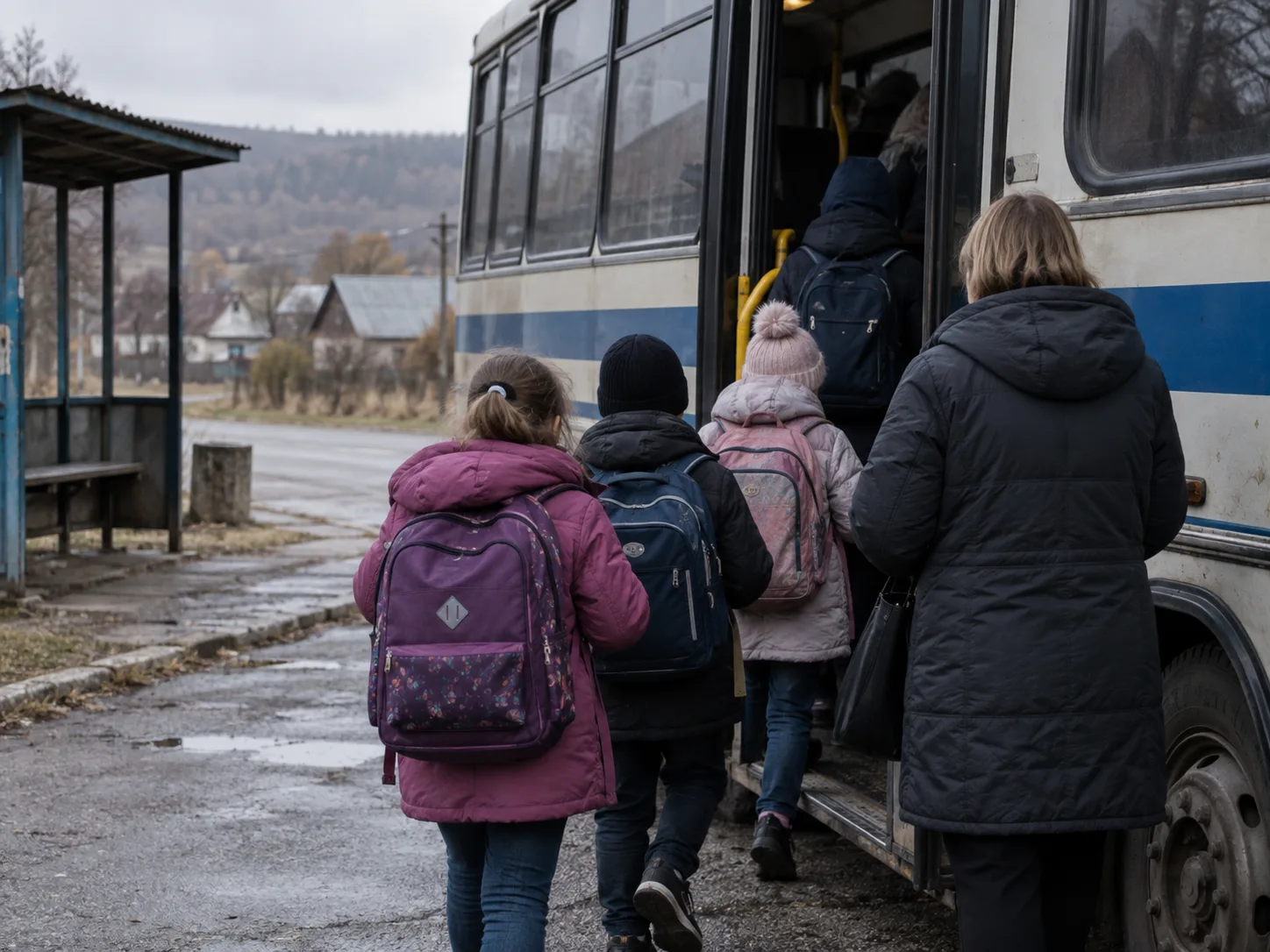 Children seen from behind boarding a bus, with their identities protected